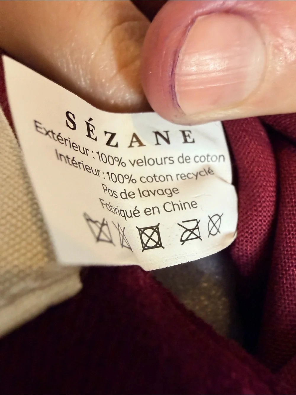 NWT Sézane Burgundy Cotton Velvet Zip Flat Pouch Makeup Bag with Pink Trim
